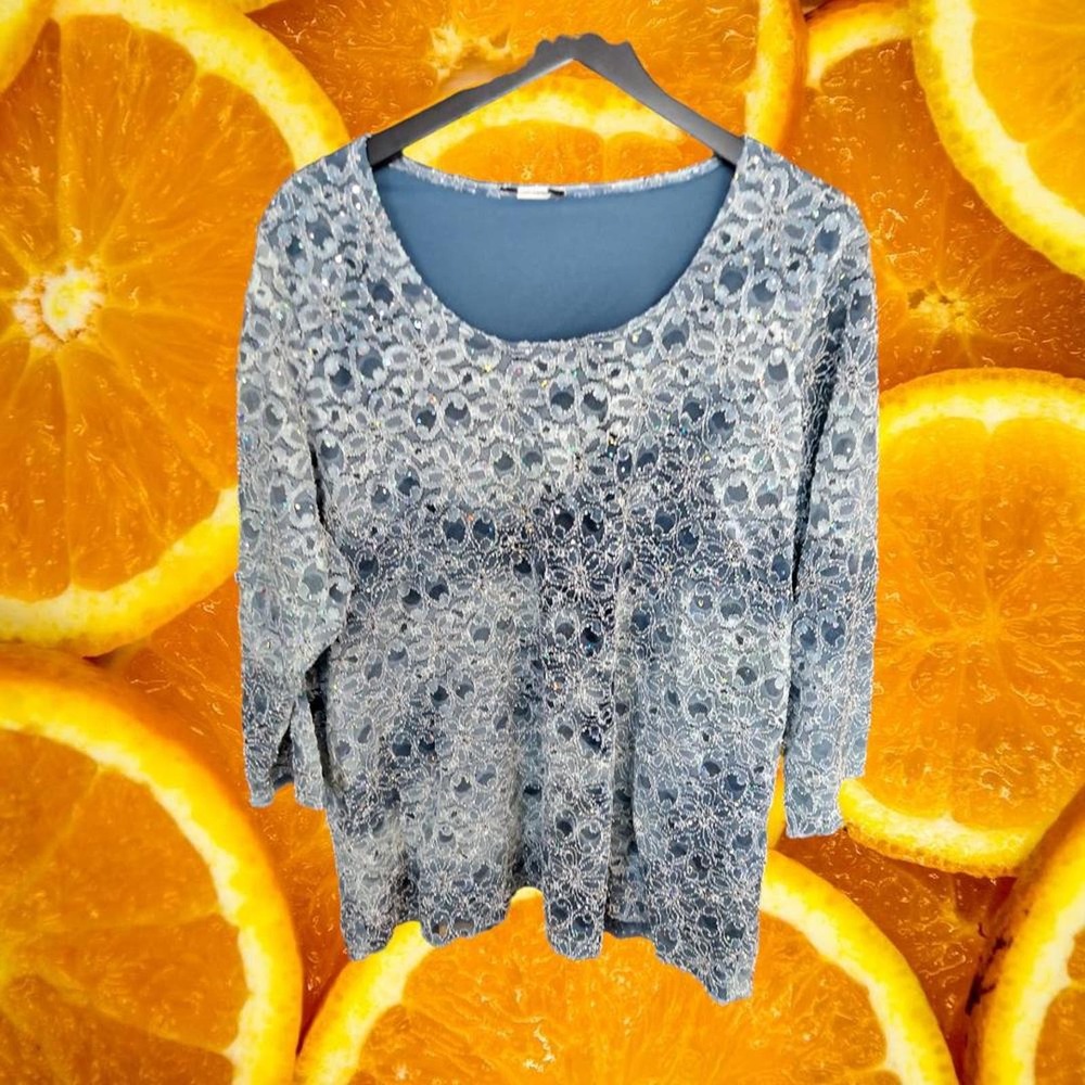 White and Blue Floral Blouse with‎ Sequin on Sheer Top and Attached Blue Under